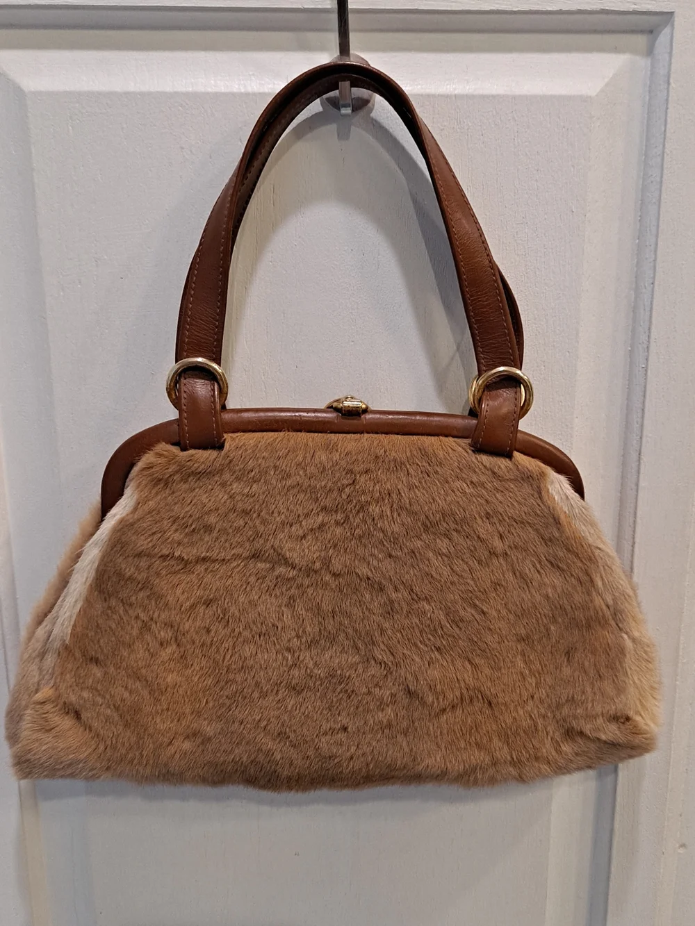 Australian Kangaroo Fur Vintage 70s Handbag Leather Trim Gold Ring Accent