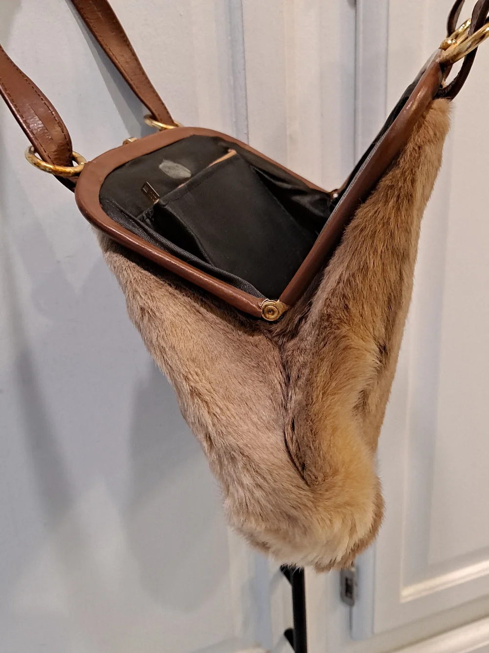Australian Kangaroo Fur Vintage 70s Handbag Leather Trim Gold Ring Accent