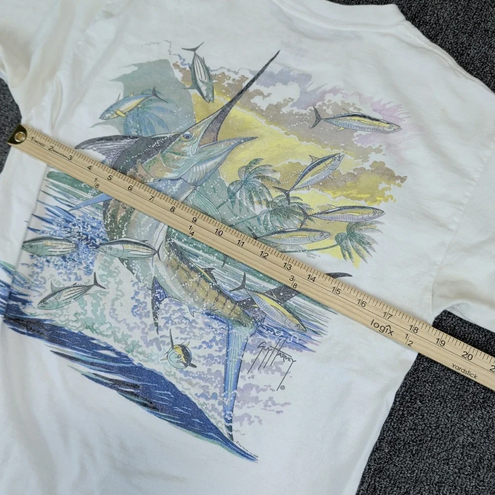 Guy Harvey Coastal Marlin Fishing Pocket T-Shirt Mens Medium White 100% Cotton