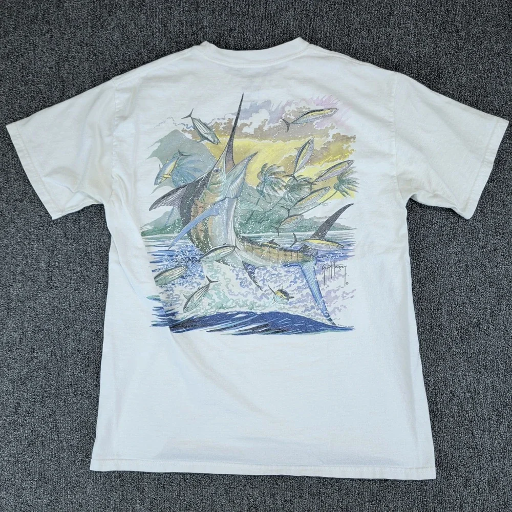 Guy Harvey Coastal Marlin Fishing Pocket T-Shirt Mens Medium White 100% Cotton