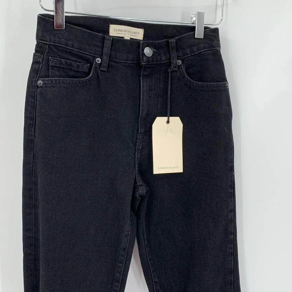 Current Elliott Boyfriend jeans denim Onyx black distressed shredded knee new 23