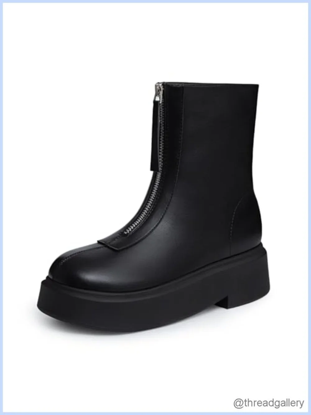 Faux Leather Platform Ankle Boots Chunky Low Heel Front Zipper
