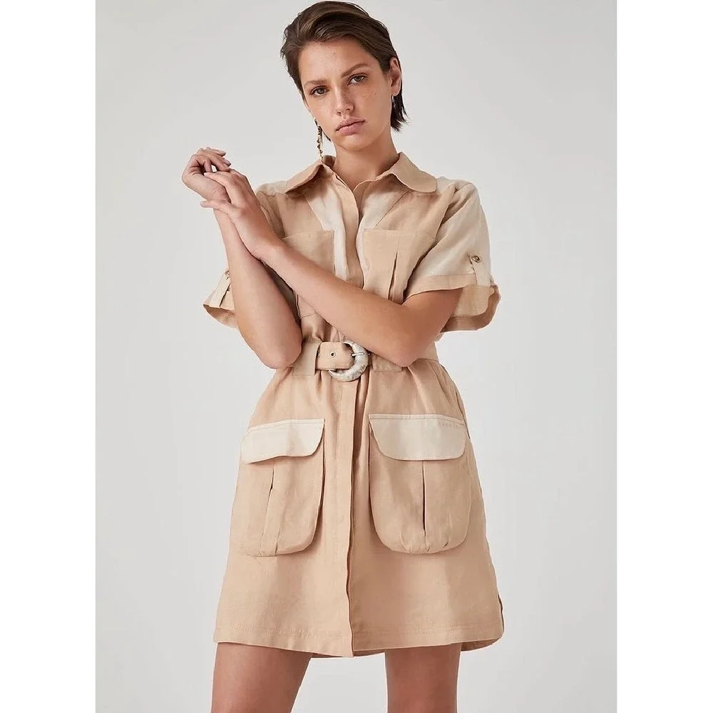 Free People x Steele Dusty Utility Dress XS Linen‎ Blend Belted Safari Mini NWT