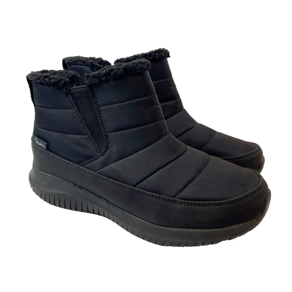 Skechers‎ Ultra Flex Shawty Ankle Boots Women's Sz 7 Black Fall Winter Faux Fur