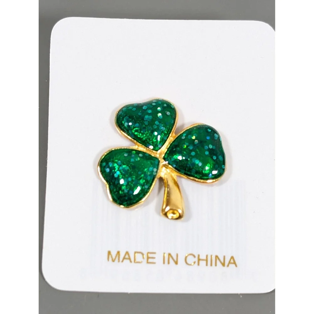 Retro Green Glitter‎ Shamrock Tack Pin Gold Tone Enamel St Patrick's Day NWT