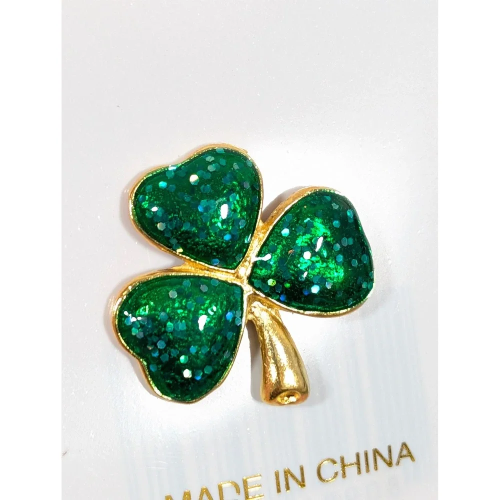 Retro Green Glitter‎ Shamrock Tack Pin Gold Tone Enamel St Patrick's Day NWT