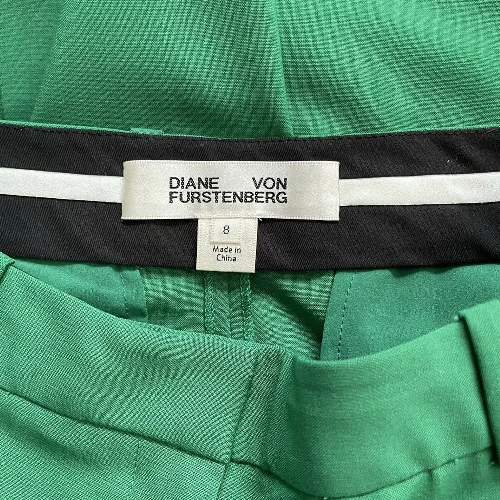 Diane Von Furstenberg Academia Preppy high Waisted Cotton Green pleaded Trousers