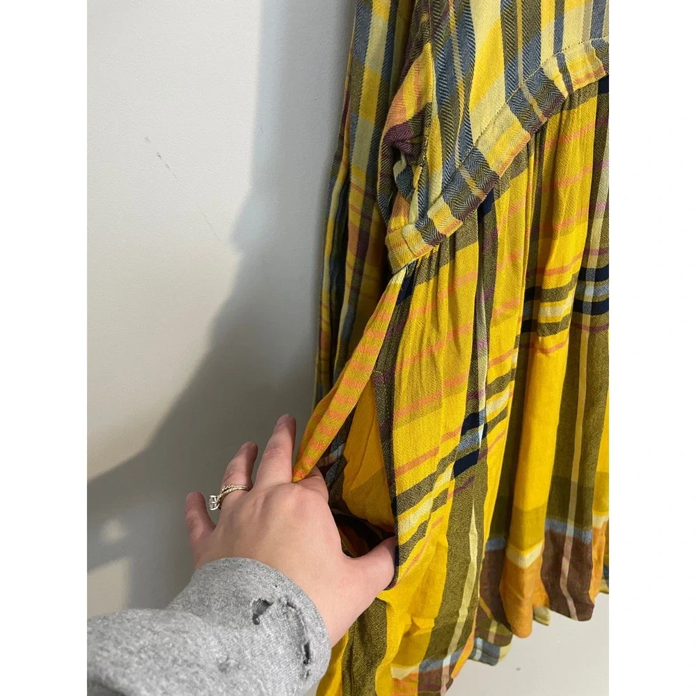 Free People Falling Stars Yellow Plaid Mini‎ Dress Size Small Bohemian Casual