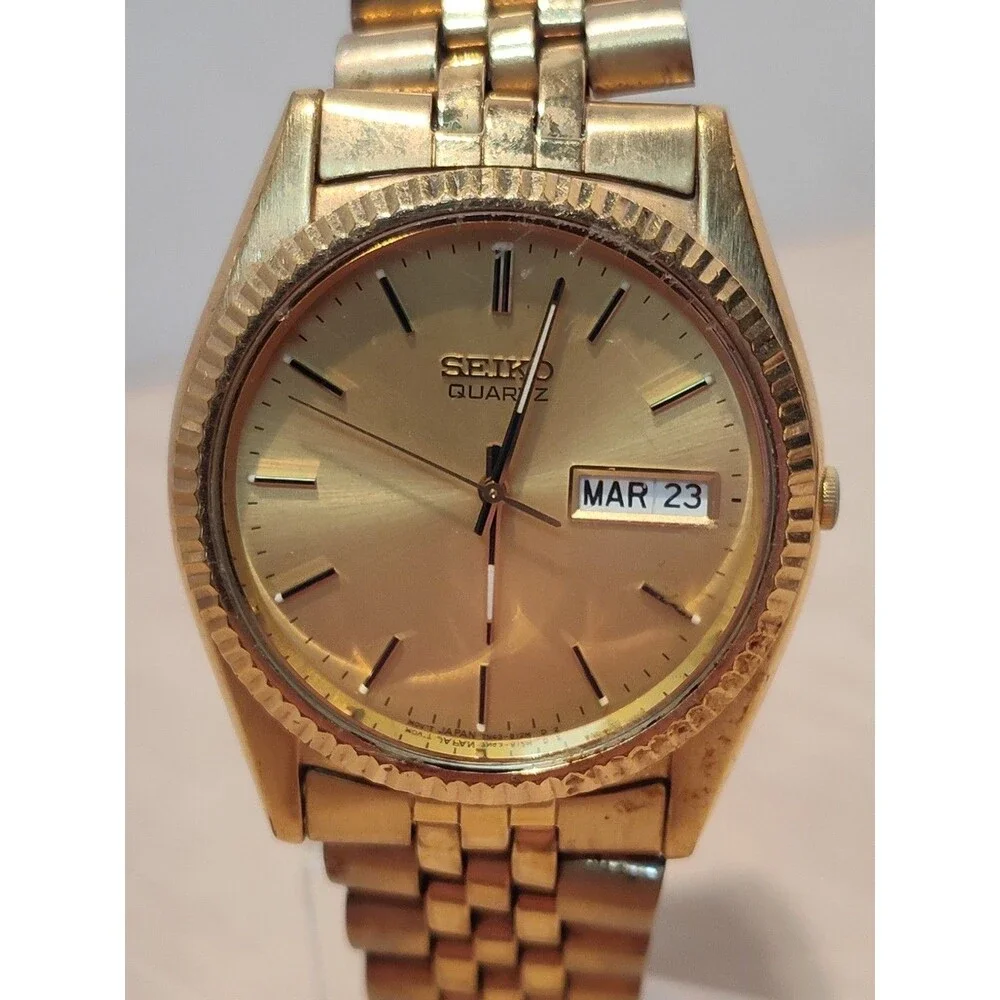 Seiko President Watch Men 36mm Champagne Dial Gold Tone Daydate Round New Batt 9