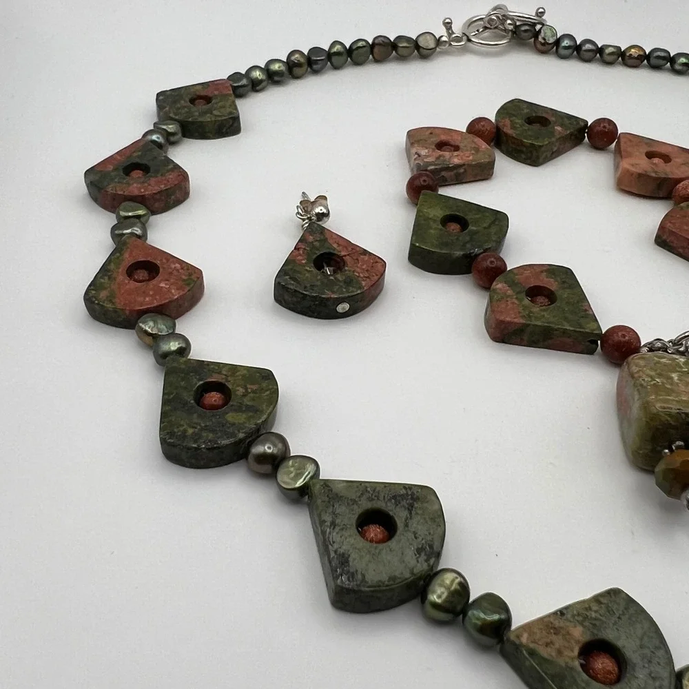 Unakite & Goldstone Sterling Silver Jewelry Set – Necklace, Bracelet, Earrings‎