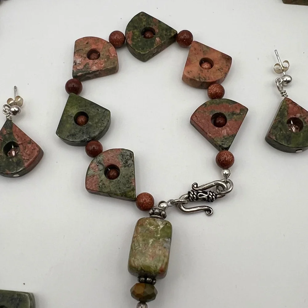 Unakite & Goldstone Sterling Silver Jewelry Set – Necklace, Bracelet, Earrings‎