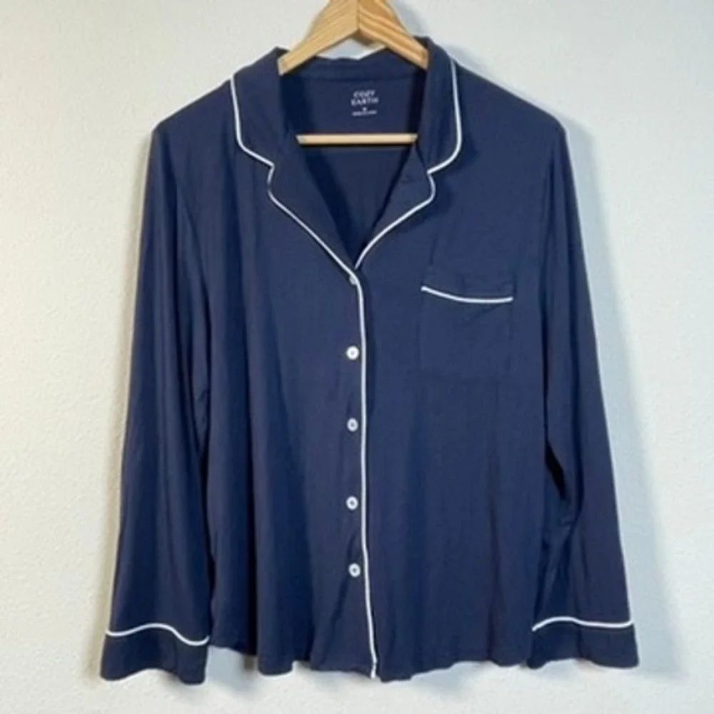 Cozy Earth‎ Pajama Top Womens Medium Navy Blue Bamboo Viscose Long Sleeve Piping