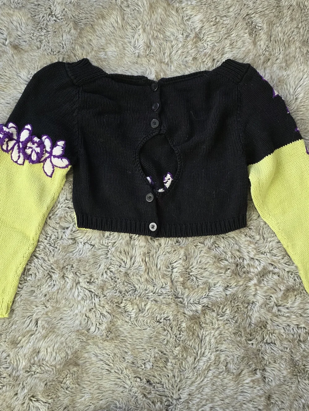 Mandinga Rose Crop Top Black And Lime Green Knit With‎ White And Purple Floral