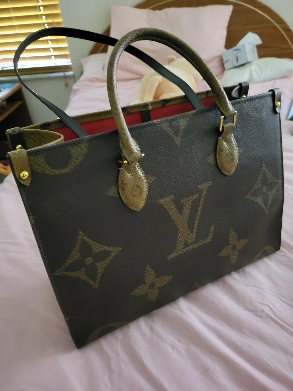 Louis Vuitton Brown Monogram Canvas Tote with Red Interior