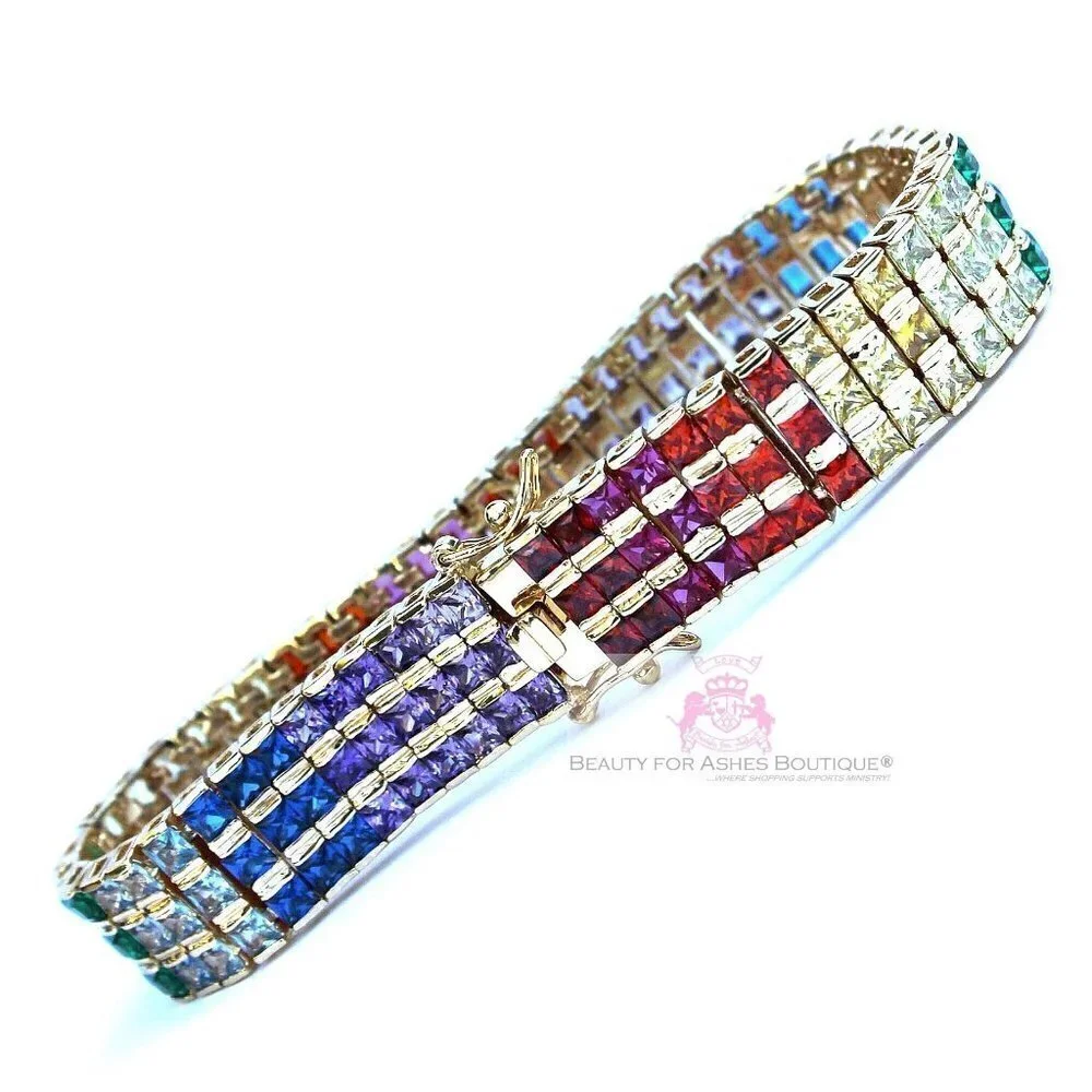 Multicolor Rainbow Yellow Gold Plated Gods Promise Triple Row Gala Bracelet 7.5