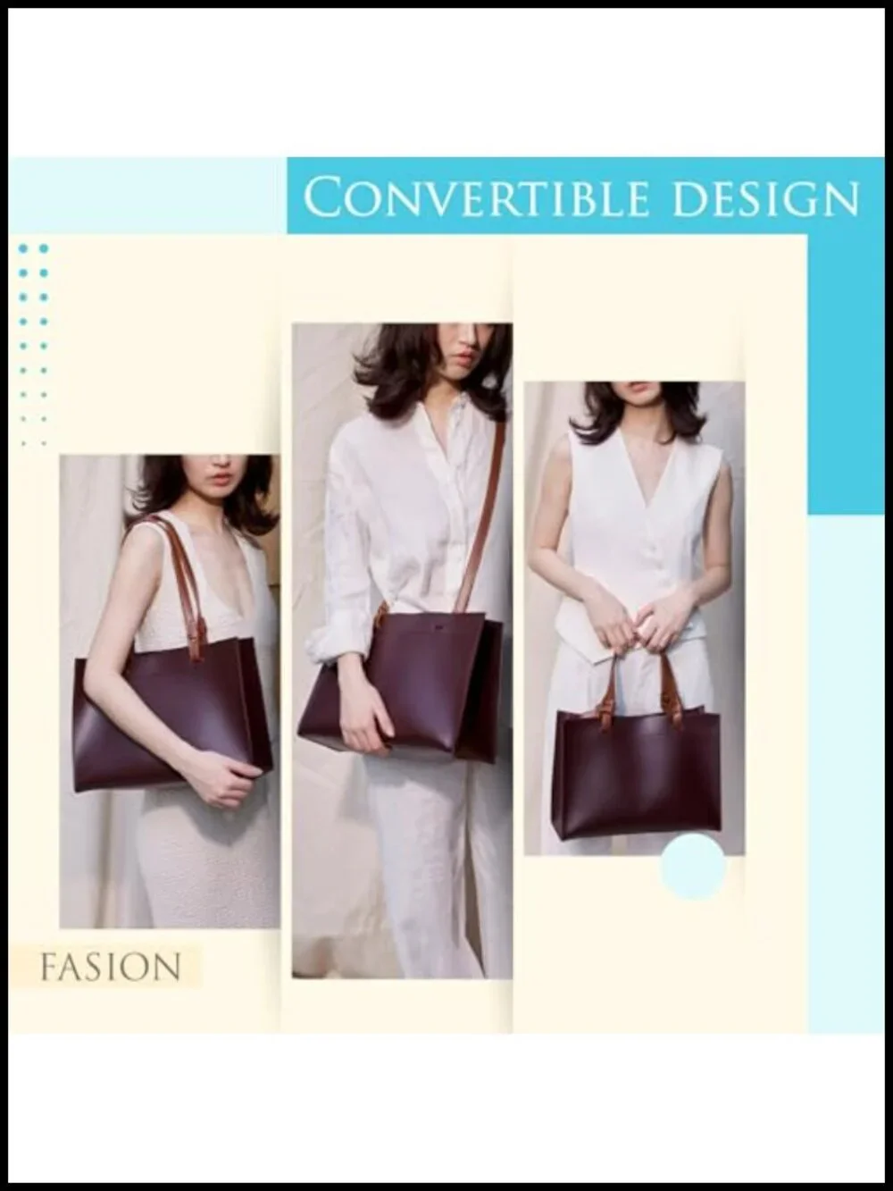 Vegan Leather Convertible Tote Bag with Detachable Pouch