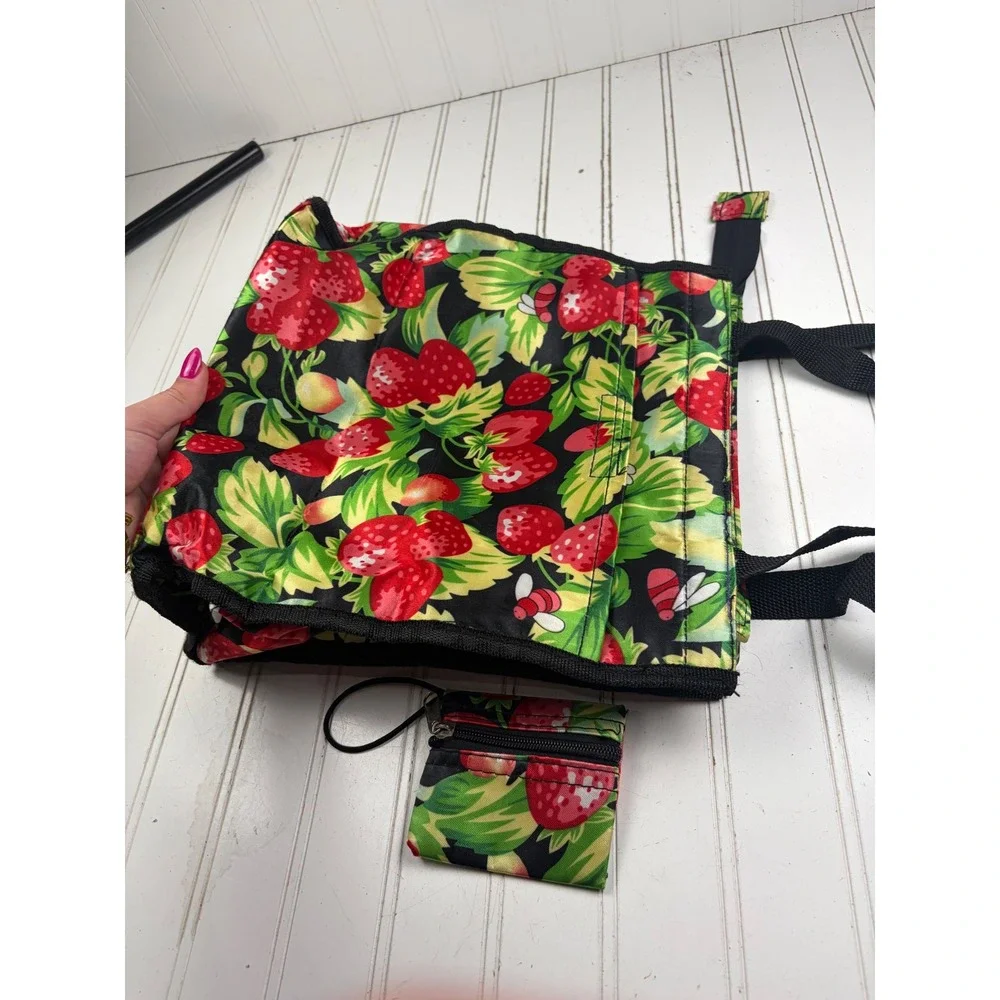 Vintage Y2K Strawberry Print Foldable Reusable Tote Shopping Bag with Coin Pouch