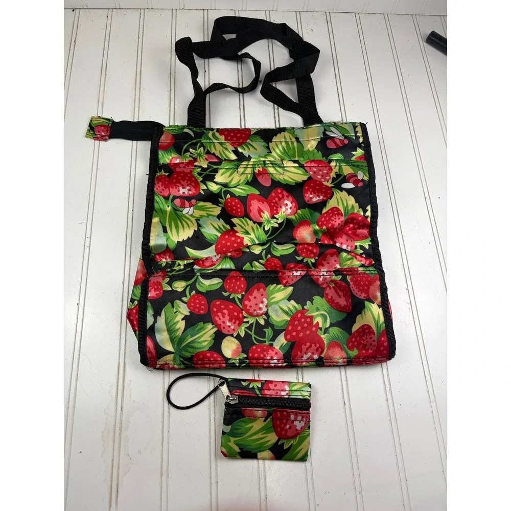Vintage Y2K Strawberry Print Foldable Reusable Tote Shopping Bag with Coin Pouch