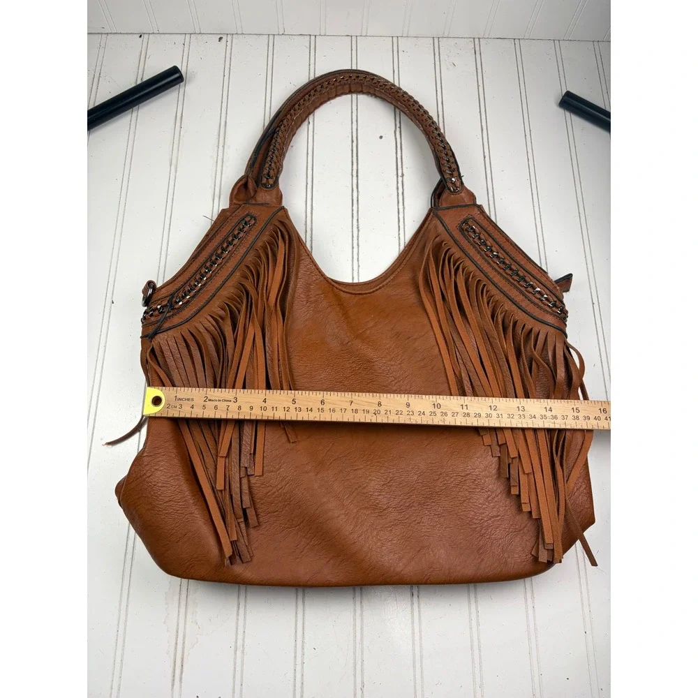 Vintage Y2K Brown Fringe Western Boho Large Hobo Shoulder Bag Purse