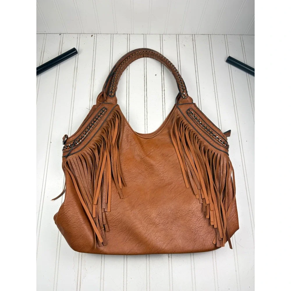 Vintage Y2K Brown Fringe Western Boho Large Hobo Shoulder Bag Purse