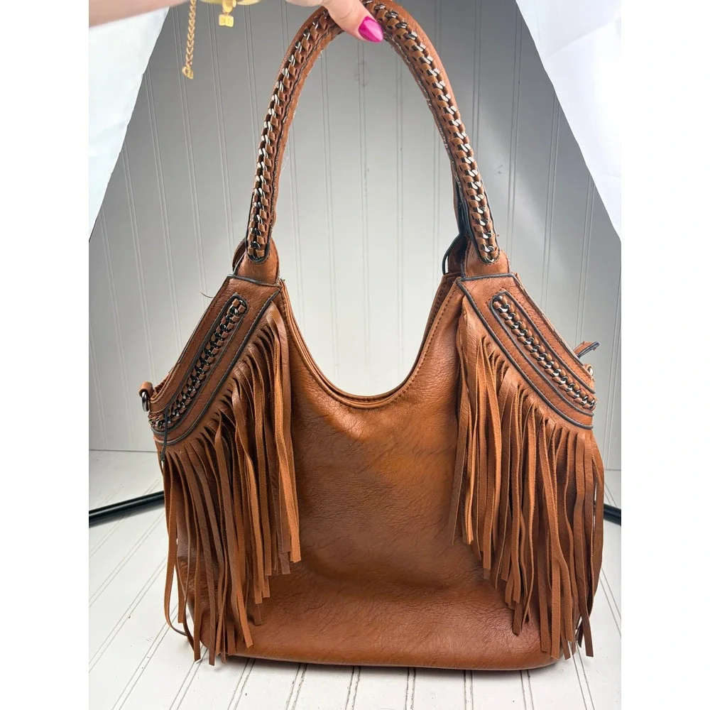 Vintage Y2K Brown Fringe Western Boho Large Hobo Shoulder Bag Purse