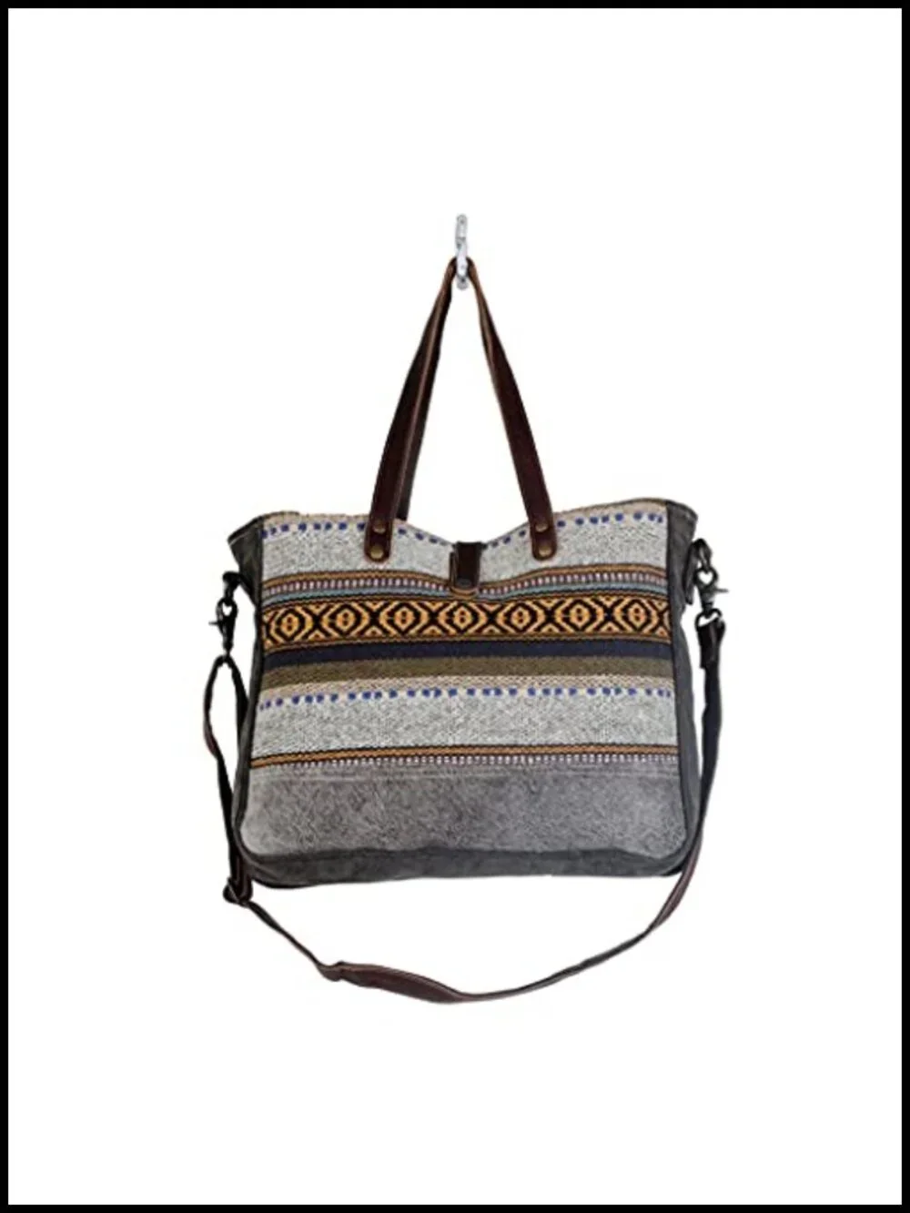 Canvas Boho Purse with Real Leather Detailing, Aztec Pattern