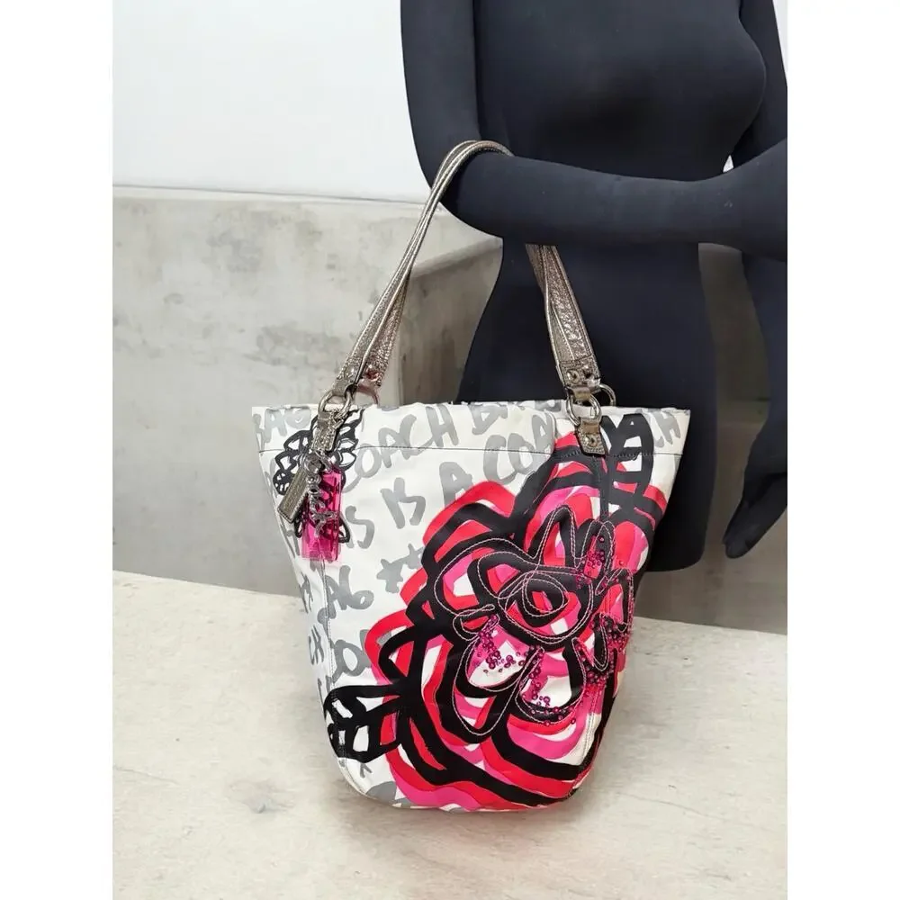 Y2K Coach 14735 Poppy Floral Graffiti North South Tote Bag