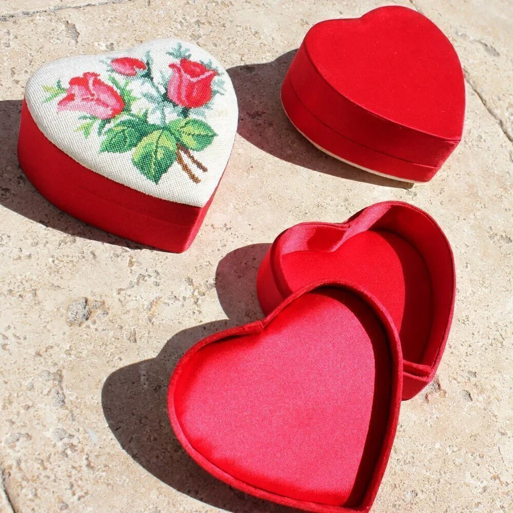 Needlepoint Mini Petite Stitch Roses Floral Red Heart Containers Set of 3