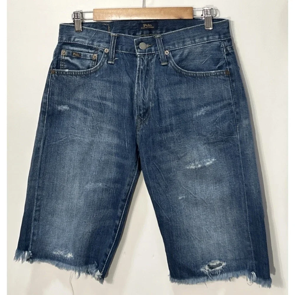 Mens Polo Ralph Lauren Classic Fit Jean Shorts Jorts Blue Denim Frayed Hem Sz 29