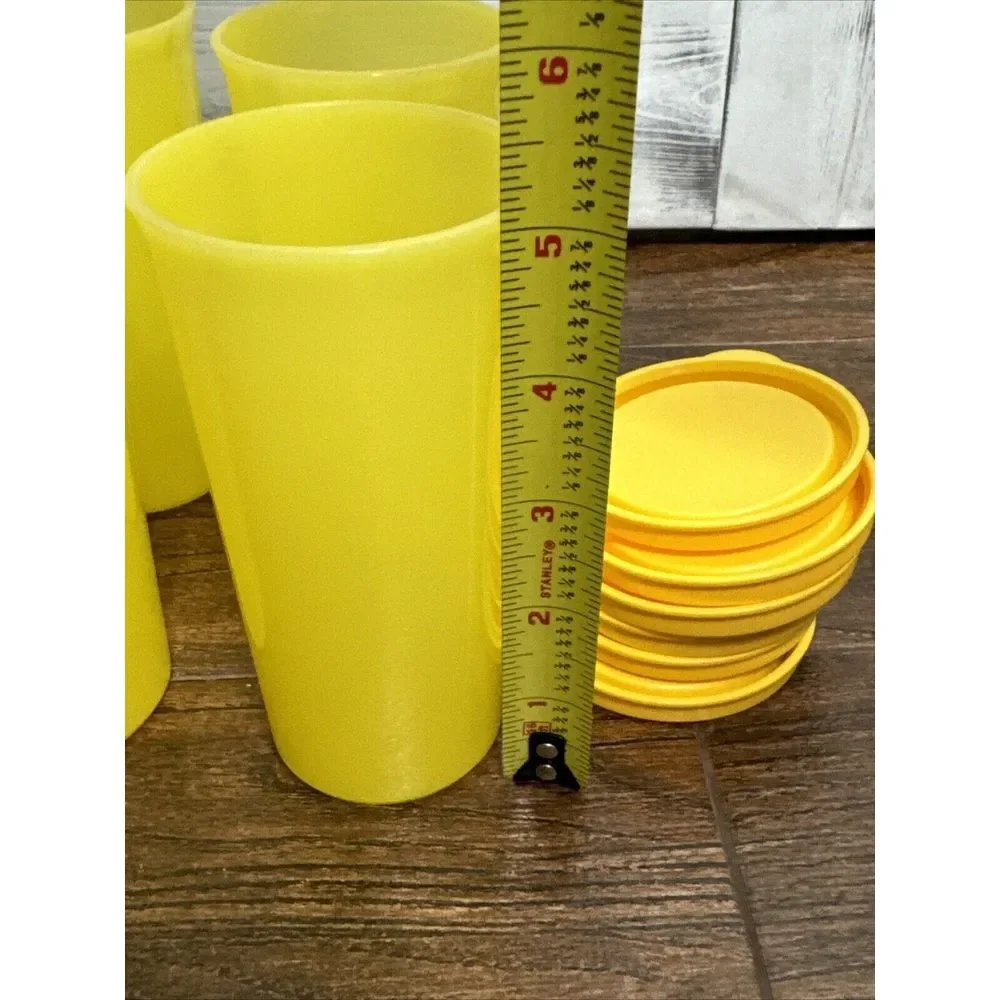 Tupperware Vintage 9 oz Sheer Stacking Yellow Cups Tumbler Set of 6 w/‎ Lids