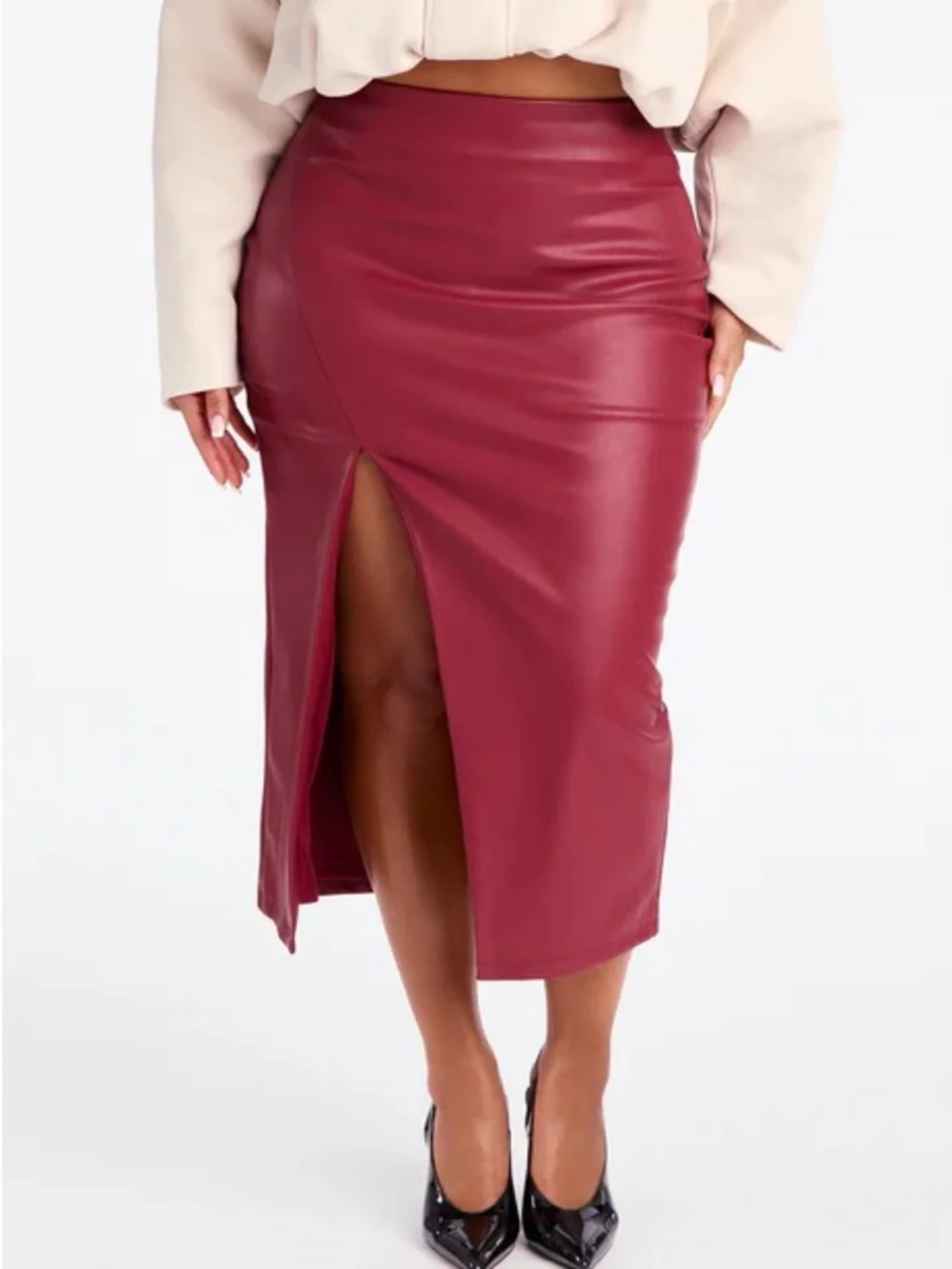 Faux Leather Burgundy Midi Skirt NEW 🏷️