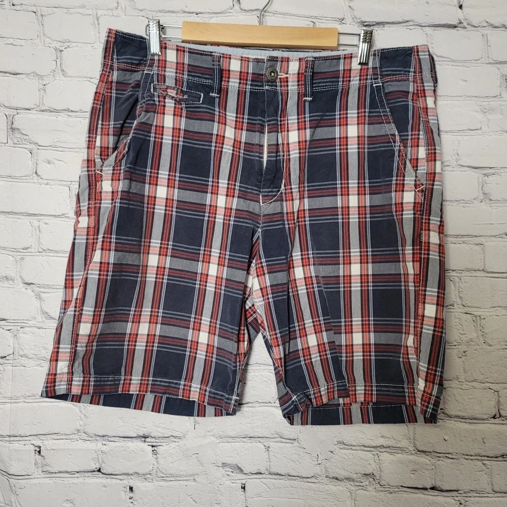 American Eagle Mens Plaid Shorts 36 Classic Preppy Length Navy Blue Red‎ Cotton