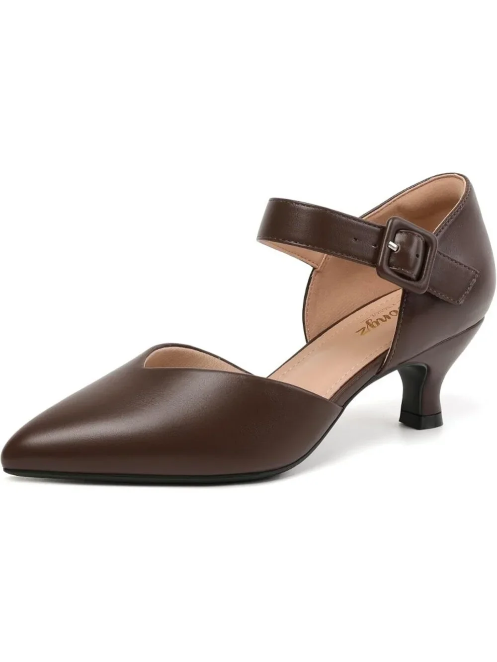 Women's Brown Closed Pointed Toe Ankle Strap Buckle Heels Slip on Low Heel Shoes