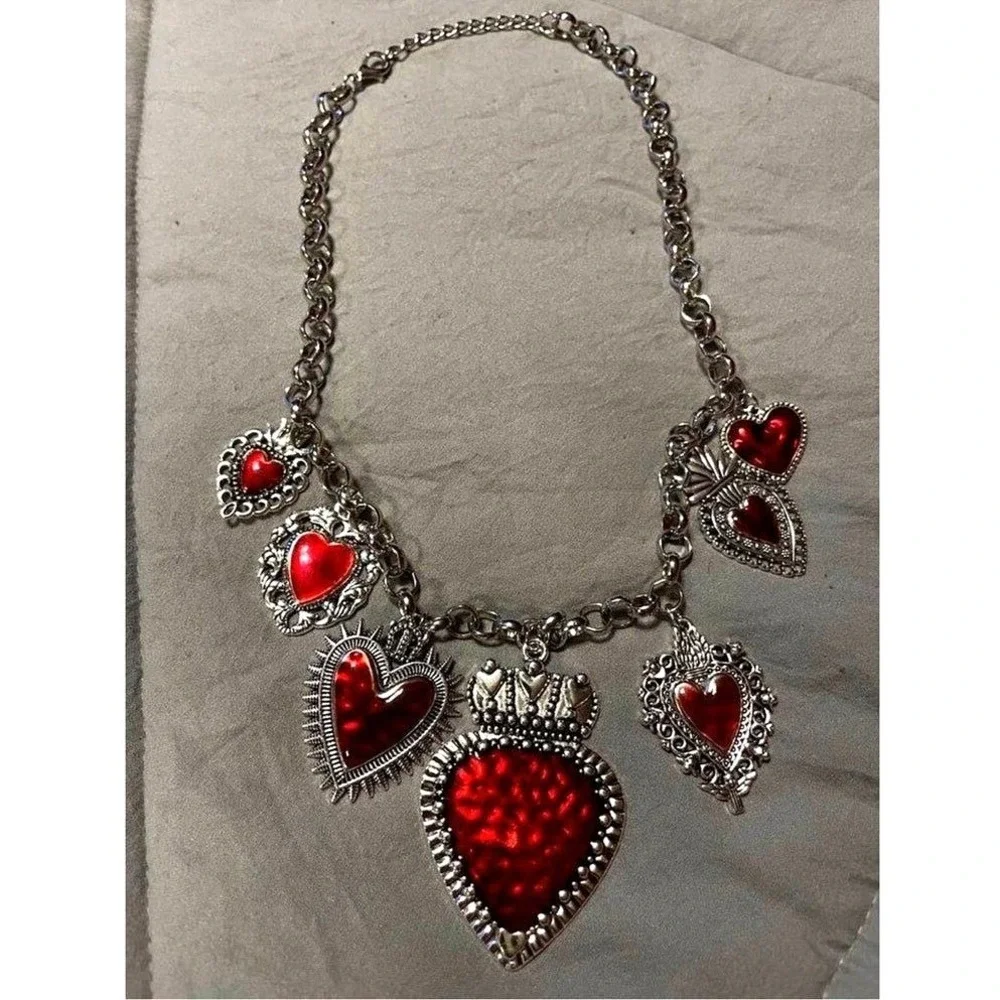 New Red Corazon Sagrado Sacred‎ Heart Charm Necklace Chunky Religious Spanish