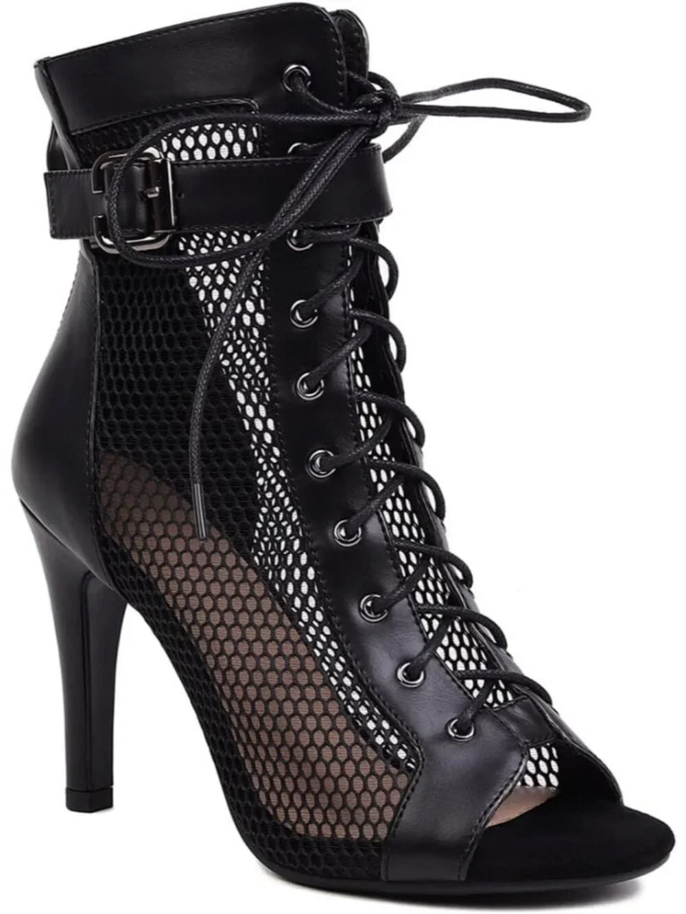 Women's Black Casual Buckle Lace Up Mesh Sandal Peep Toe High Heel Ankle Boot