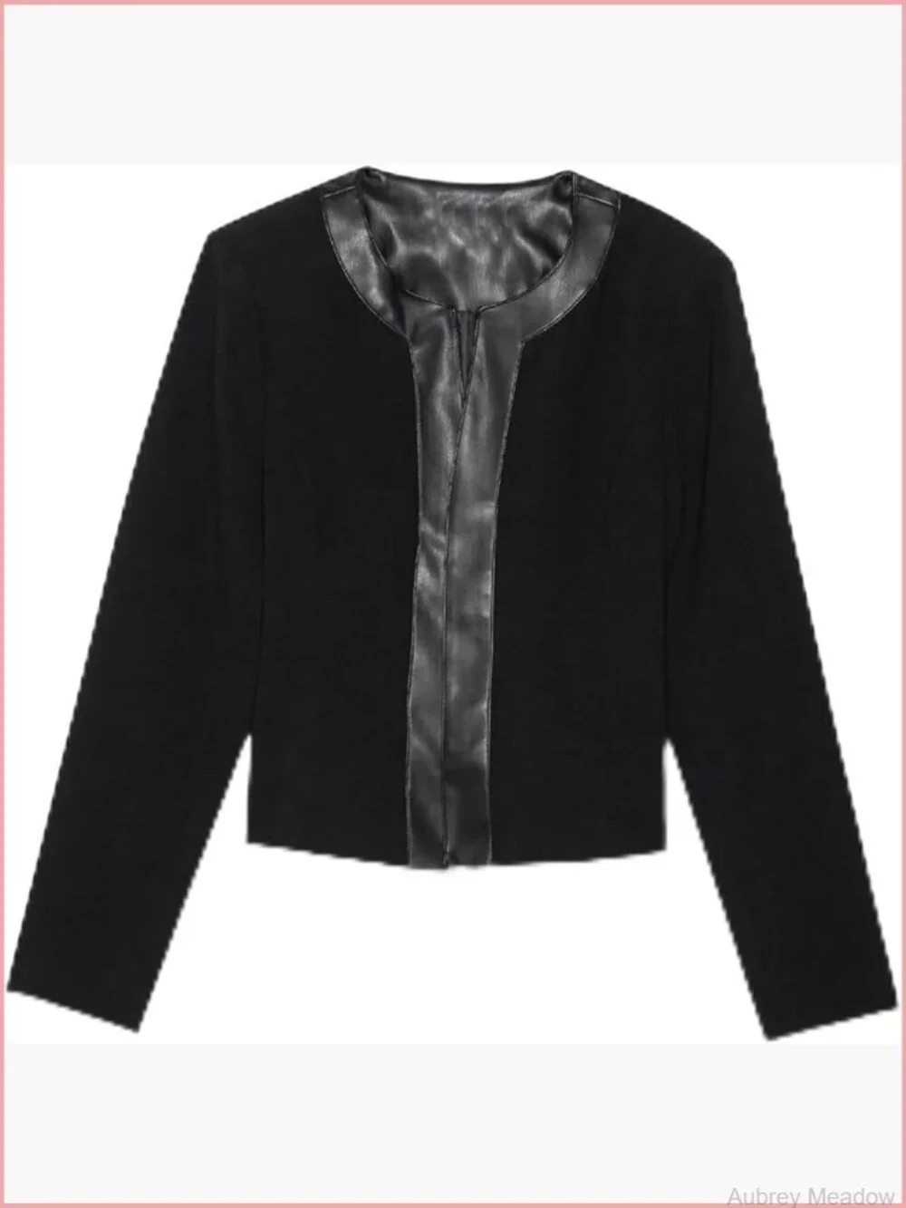 Collarless Blazer Jacket with Faux Leather Trim, Long Sleeve, Cropped