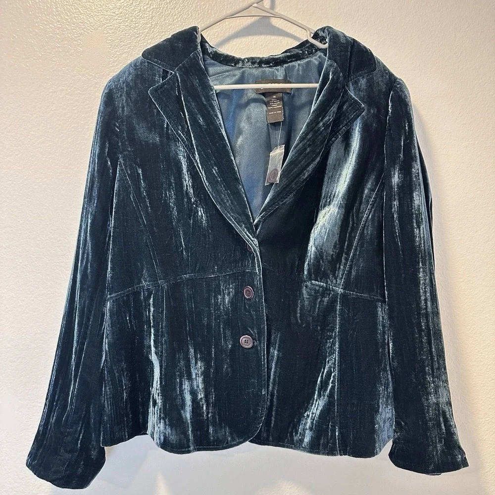 Lane Bryant Size-18 Womens Velvet‎ Blazer Teal Blue Jacket Button Front