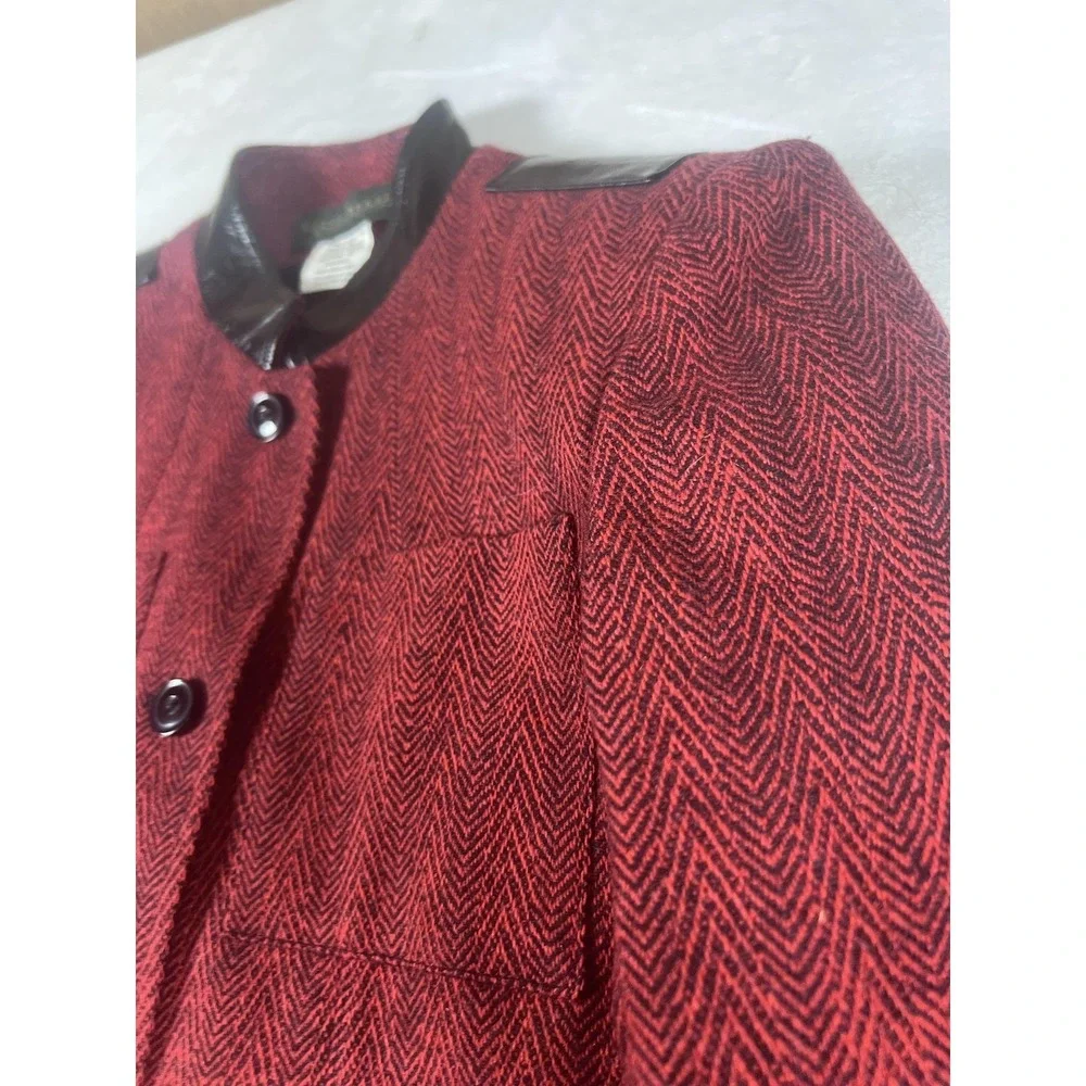 Harve Benard Coat Womens 8 Red‎ Wool Herringbone Faux Leather Trim Mid Length