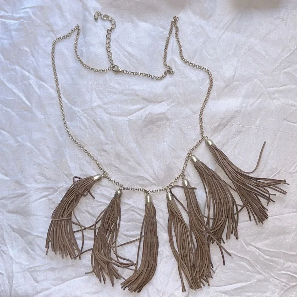 Long Brown Leather Tassel‎ Statement Necklace with Gold Tone Chain