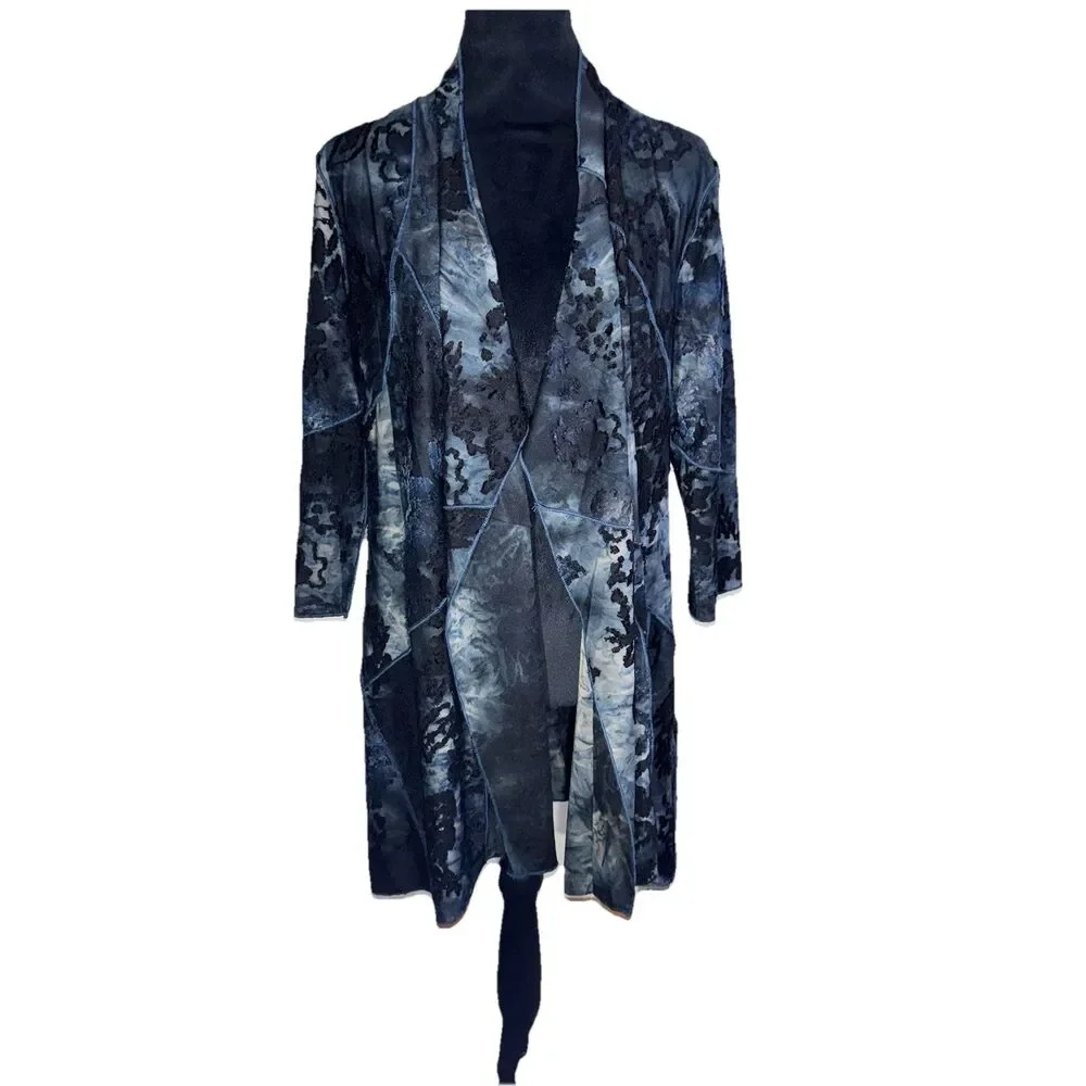 NWT Creation Navy Burnout Velvet Fly‎ Away Duster Kimono Artsy Boho Lagenlook