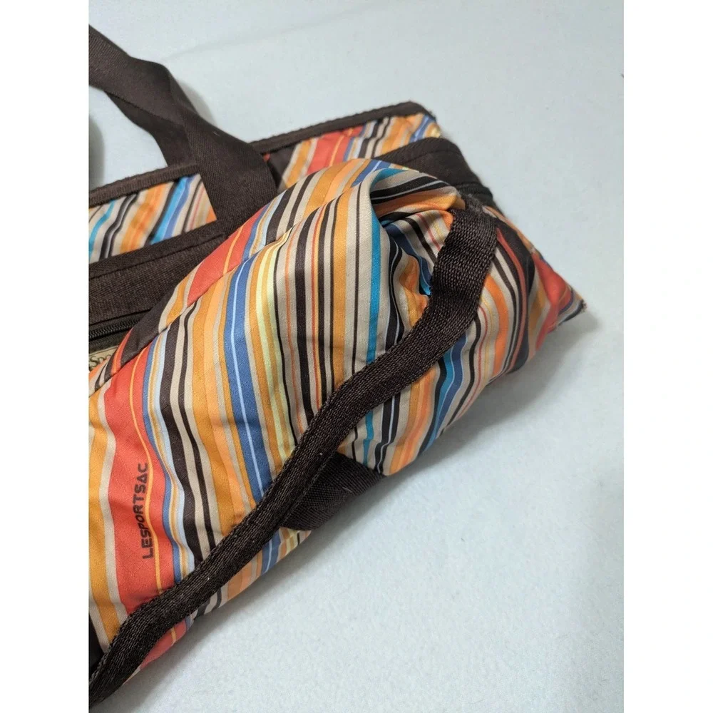 Retro LeSportsac‎ Stripe Everyday Tote Handbag Purse + Make-up Bag  Brown Orange