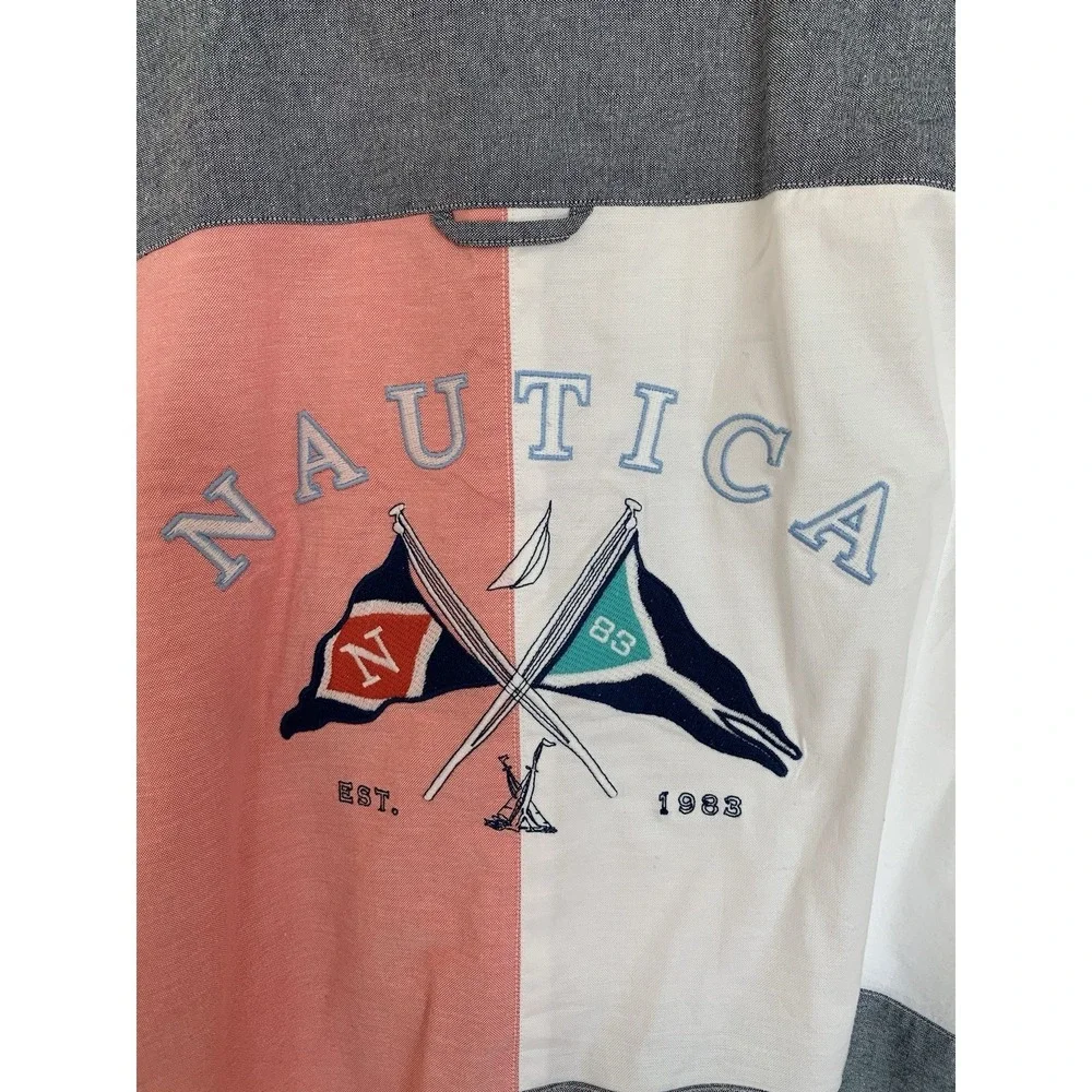 NWT‎ Nautica Button Up Shirt Men XL Embroidery Big Logo Color Block Finance Bro