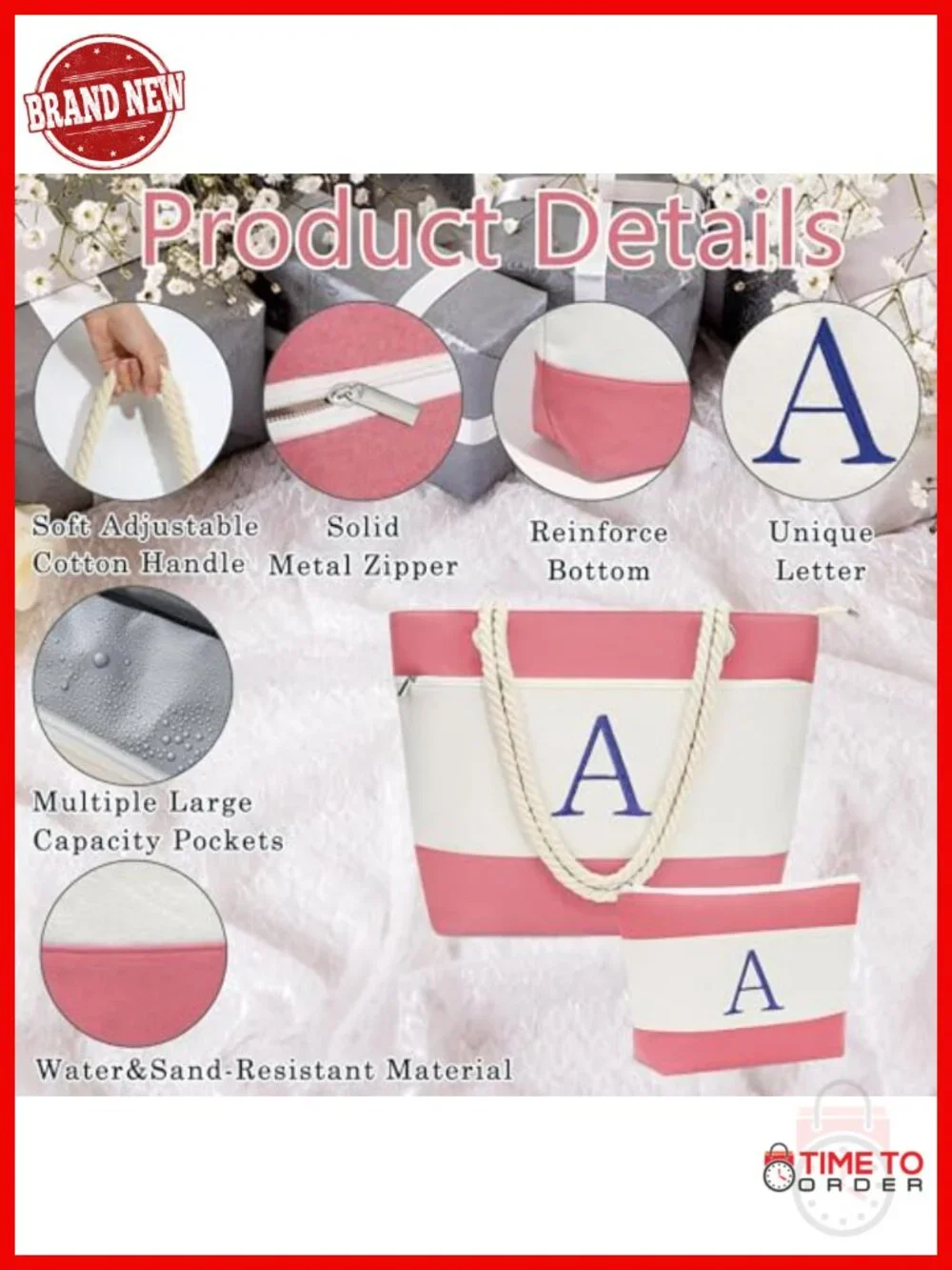 Large Waterproof Canvas Beach Tote with Zipper Closure and Monogram