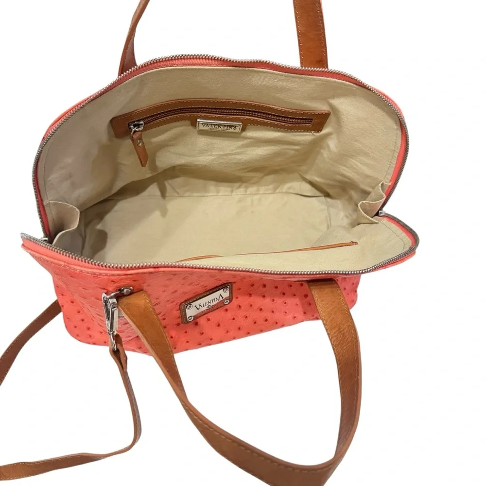 Valentina Orange Ostrich Embossed Leather Satchel‎ Crossbody Bag Top Handle