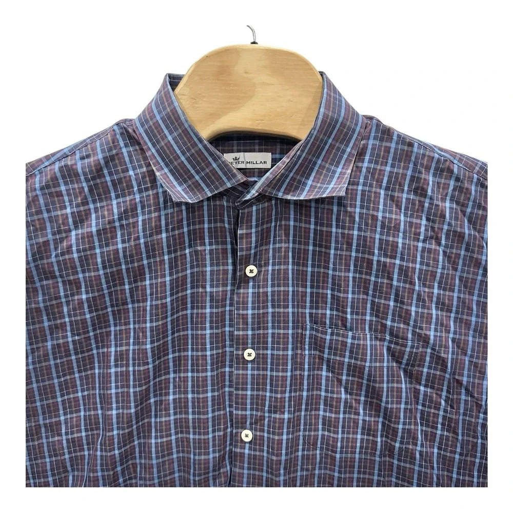 Peter Millar Mens 2XL Button Down Shirt‎ XXL Blue Plaid Long Sleeve Cotton Silk