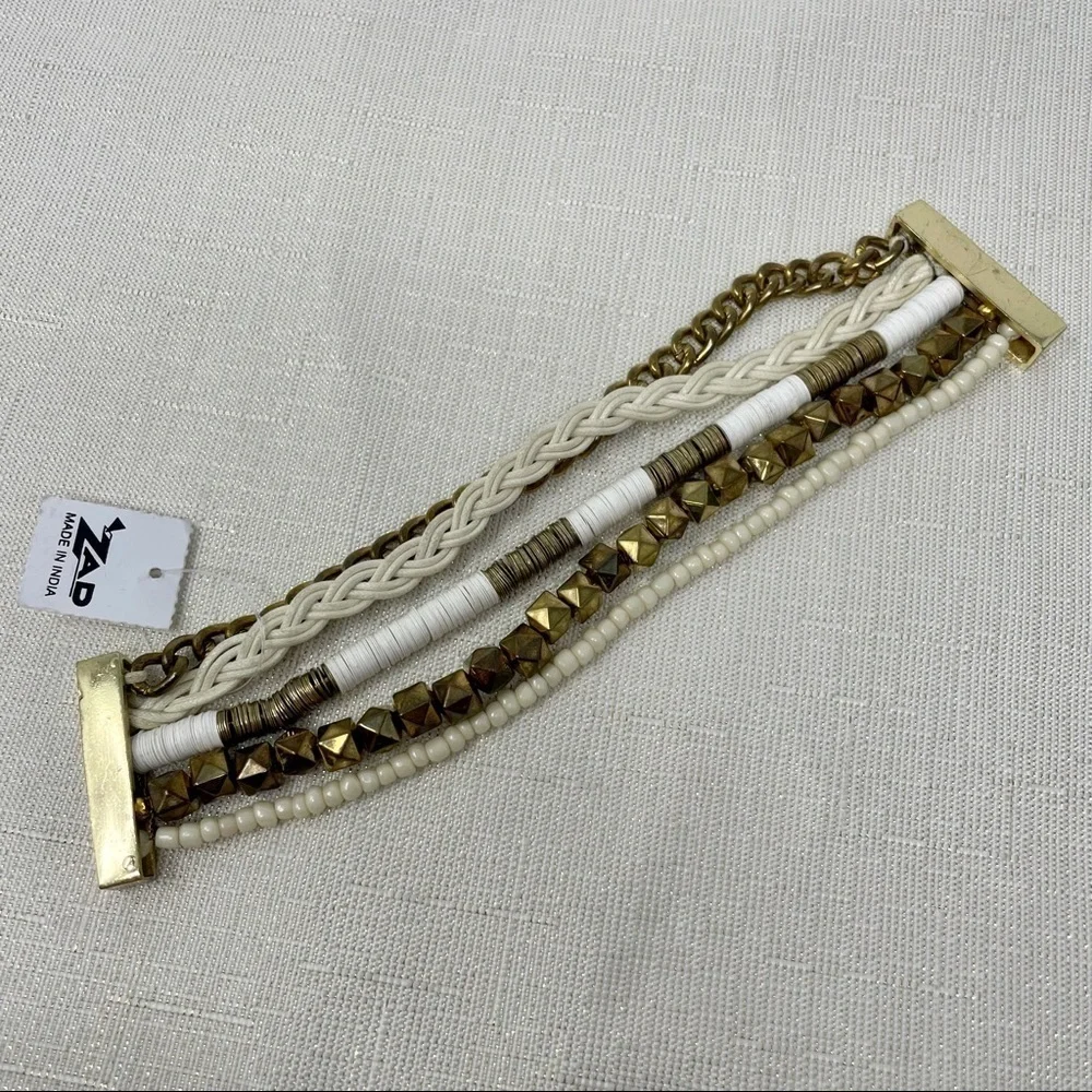 🌺 ZAD Boho Layered Chain Beaded Bracelet Gold White Neutral Multi Strand NWT