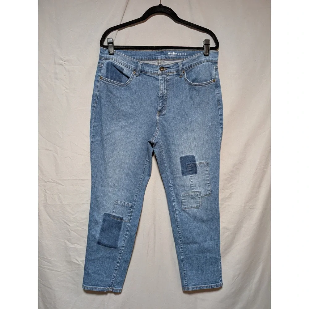 Studio by D&Co Women's Light Wash Patchwork Straight Leg Jeans QVC Comfort 16‎