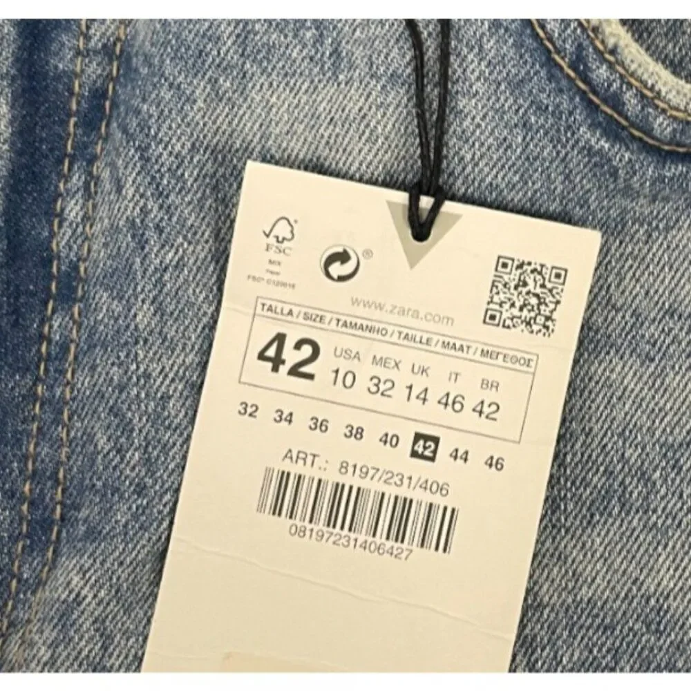 Zara Womens Mom Fit Jeans EU 42 US 10 Washed Effect slim leg Denim 8197/231 NWT