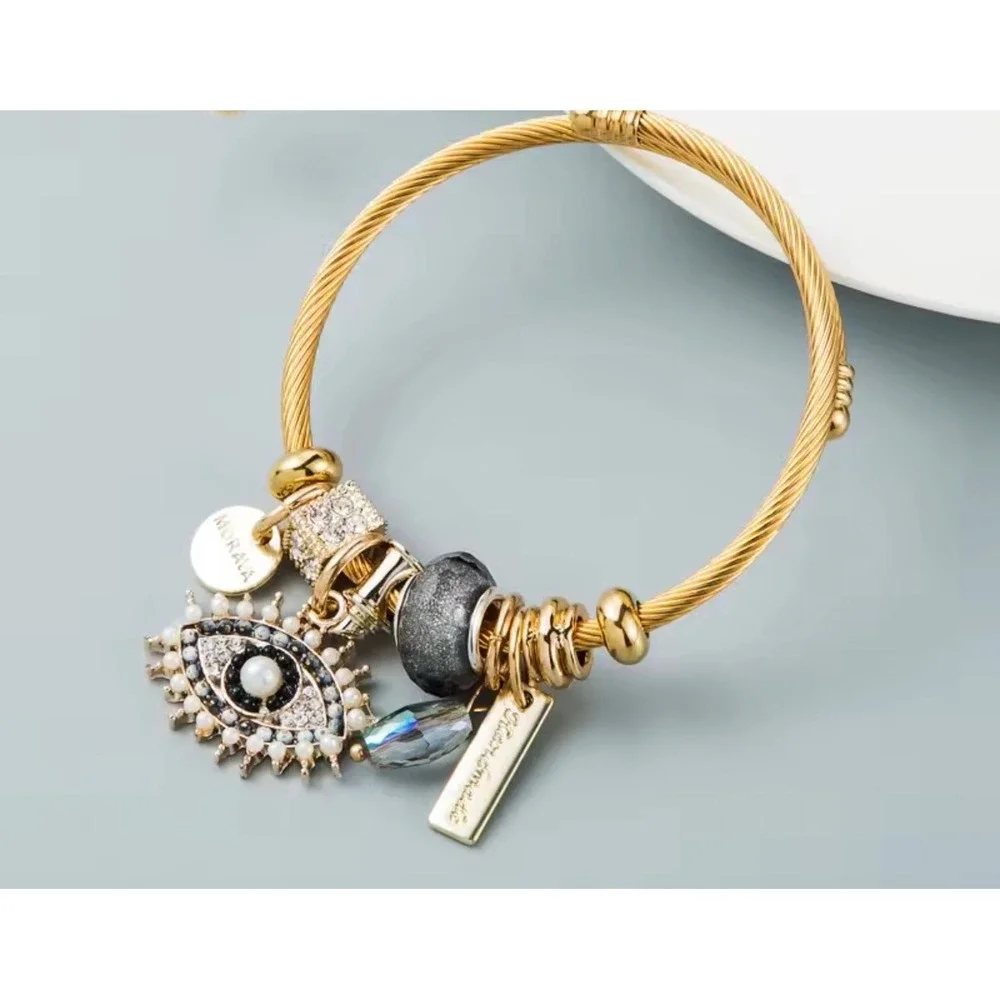 Moraia Gold Tone Evil Eye Cable Bangle Bracelet Crystal Charm Talisman Boho