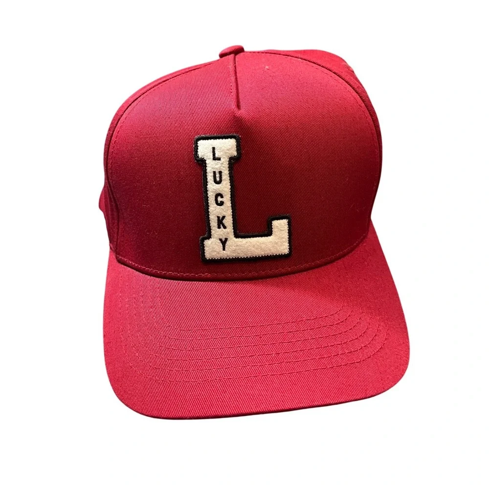 NEW Lucky Brand Trucker Hat Mens One Size Red Lucky Letter L‎ Patch Snapback Cap